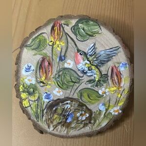 Hand-Painted Hummingbird Wood Slice PIN / Jewelry - BY M. Pinney
